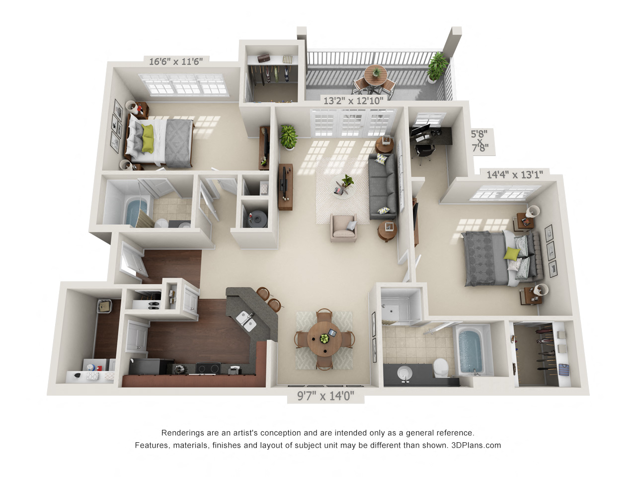 Floor plan for 2 beds, 2 baths, 1311 sqft